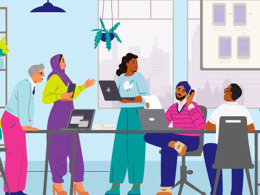 Illustration with people around an office table