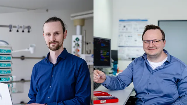 Links im Bild sitzt der Fellow Frank Bastian an seinem Arbeitsplatz. Rechts im Bild steht der Fellow Moritz Fuchs in einem Behandlungsraum.