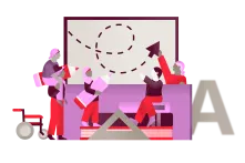 Illustration with pupils writing and playing