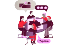 Five people are seated around a round table. A map of Ukraine lies in the center. A speech bubble contains the word “Ukraine” in Ukrainian.