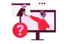 Illustration mit zwei Personen in unterschiedlichen Screens, die sich die Hand reichen.
