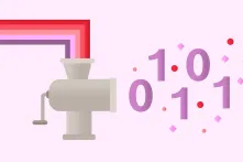 KI und Diversität: Eine Maschine, in die ein Regenbogen aus unterschiedlichen Farben eingespeist wird und einen Code mit Nullen und Einsen ausspuckt