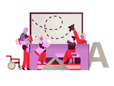 Illustration with pupils writing and playing