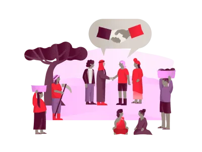 Illustration of a group of people symbolically making peace with one another.