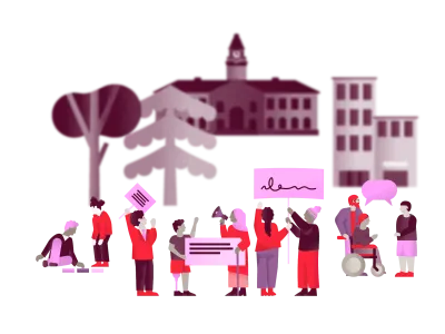 Illustration einer Gruppe von Menschen vor einer Stadt