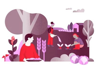 Three people are gardening as a symbol of agriculture and climate change: one person is harvesting crops, another is watering plants, and a third is planting seedlings.