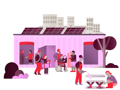 The illustration depicts several people in and around a house. Two individuals are planting seedlings, while two others are moving into the house with suitcases. A group of people, including one person using a wheelchair, are painting the exterior of the building together. Gray buildings can be seen in the background. The scene conveys resilience, a sense of community, and optimism.