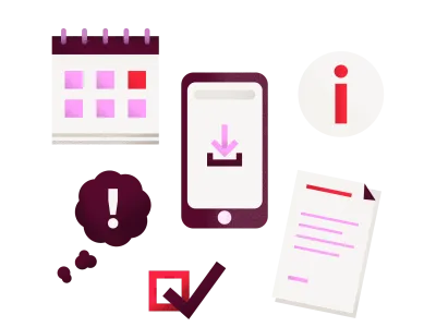Illustration mit mehreren Symbolbildern: Kalender, Gedankenwolke, Liste, Smartphone, Haken