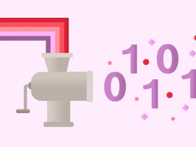 KI und Diversität: Eine Maschine, in die ein Regenbogen aus unterschiedlichen Farben eingespeist wird und einen Code mit Nullen und Einsen ausspuckt