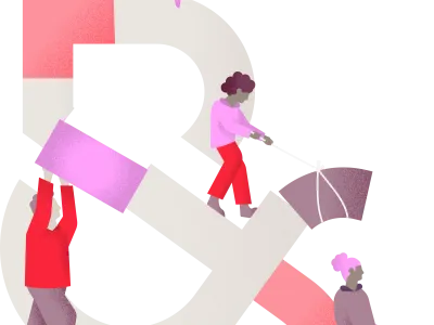 Illustration unseres Markenzeichens mit vier Personen, die es gemeinsam bauen