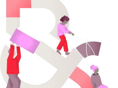 Illustration unseres Markenzeichens mit vier Personen, die es gemeinsam bauen