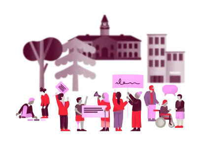 Illustration of a diverse group of people participating in civic life and public dialogue in an urban setting, with speech bubbles, signs, and public buildings in the background.
