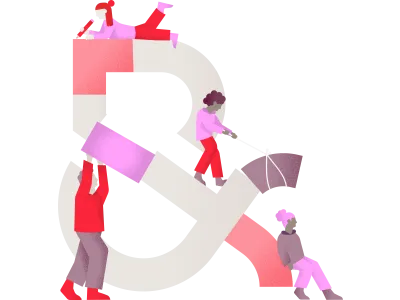 Illustration unseres Markenzeichens mit vier Personen, die es gemeinsam bauen