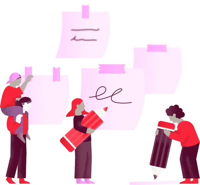 Eine Illustration von Menschen die bei einem Workshop überlebensgroße Post-Its ausfüllen