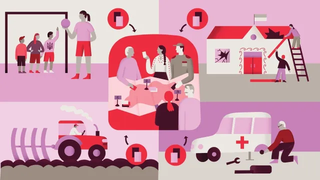 Illustration mit unterschiedlichen Feldern, in denen sich Menschen engagieren und dafür so genannte Citizen Tokens erhalten: Trainer einer Kinder-Fußballmannschaft, Reparatur eines beschädigten Schulgebäudes und eines Rettungsfahrzeugs, Landwirt der mit dem Traktor die Felder bestellt. In der Bildmitte ein Feld, in dem Menschen mit ihren erhaltenen Citizen Tokens abstimmen, welche Projekte in ihrer Gemeinde gefördert werden sollen