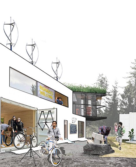 Ein weißes Haus und Menschen mit Fahrrädern