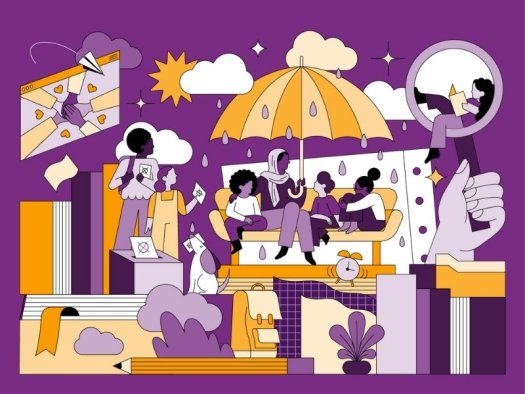 Die Illustration zeigt Kinder und Lehrkräfte in verschiedenen Situationen in der Schule. In der Mitte des Bildes sitzen drei Kinder und eine Lehrkraft auf einem Sofa, die Lehrkraft hält einen Schirm über die Kinder. Regentropfen fallen auf den Schirm