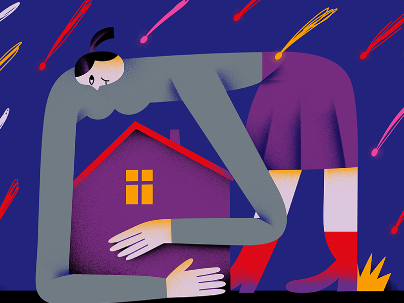 An illustration of an oversized woman standing amidst a rain of bombs, bending protectively over a house